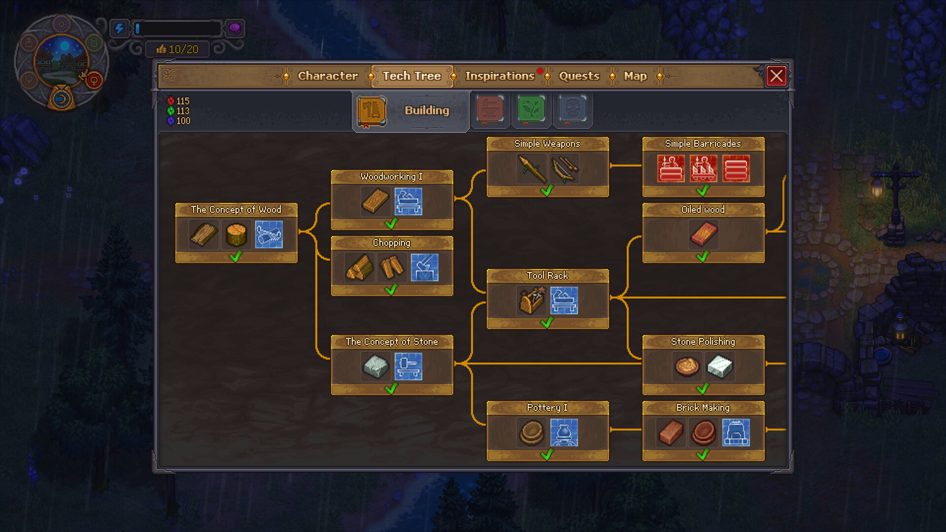 Screenshot di Graveyard Keeper 2: il ramo Building del Tech Tree aperto su un insediamento nella foresta.