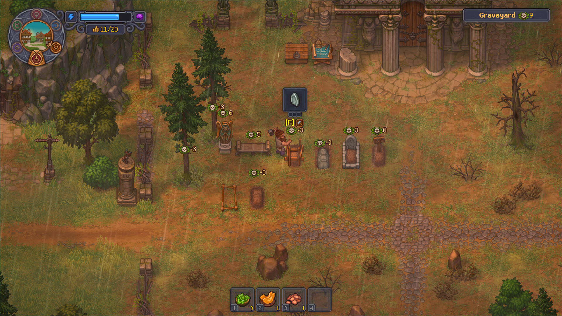 Graveyard Keeper 2 screenshot: the Graveyard in the rain, with tombstones, tools and stone ruins among trees.