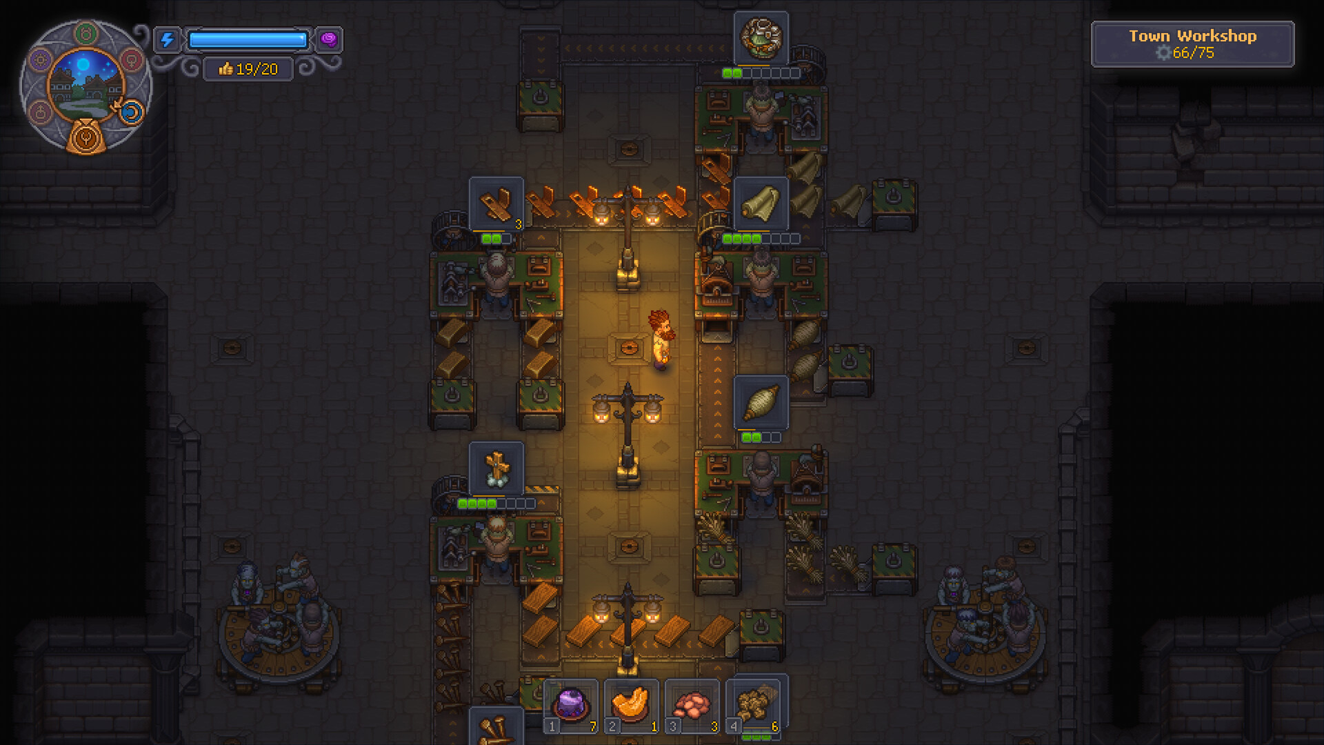 Graveyard Keeper 2 screenshot: the indoor Town Workshop, with zombies and the Keeper among active crafting stations.