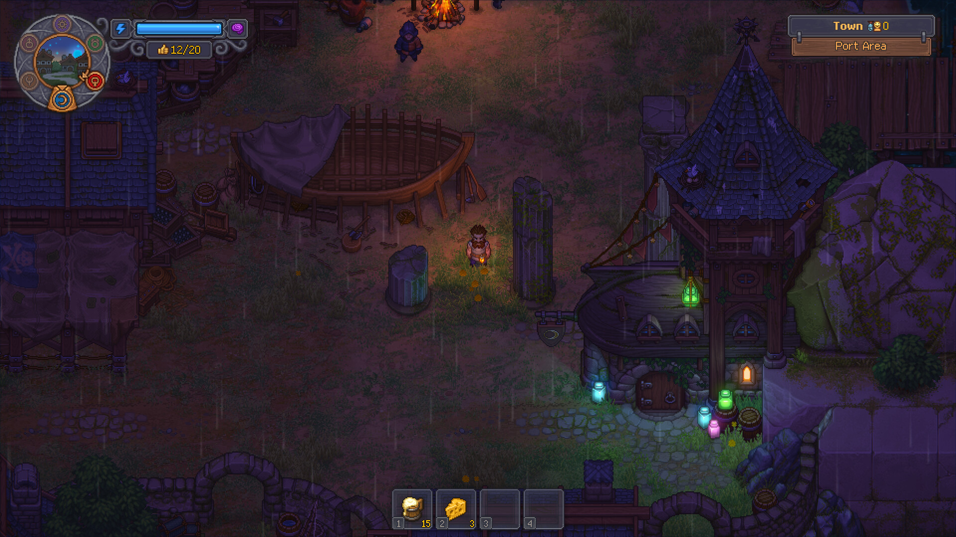Graveyard Keeper 2 screenshot: the Town's Port Area at night in the rain, beside a half-built boat and glowing containers.